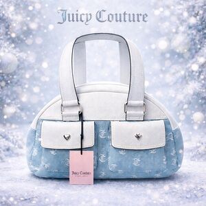 💖 JUICY COUTURE Pack It Up Bowler Bag — Light Washed Denim & White, NWT